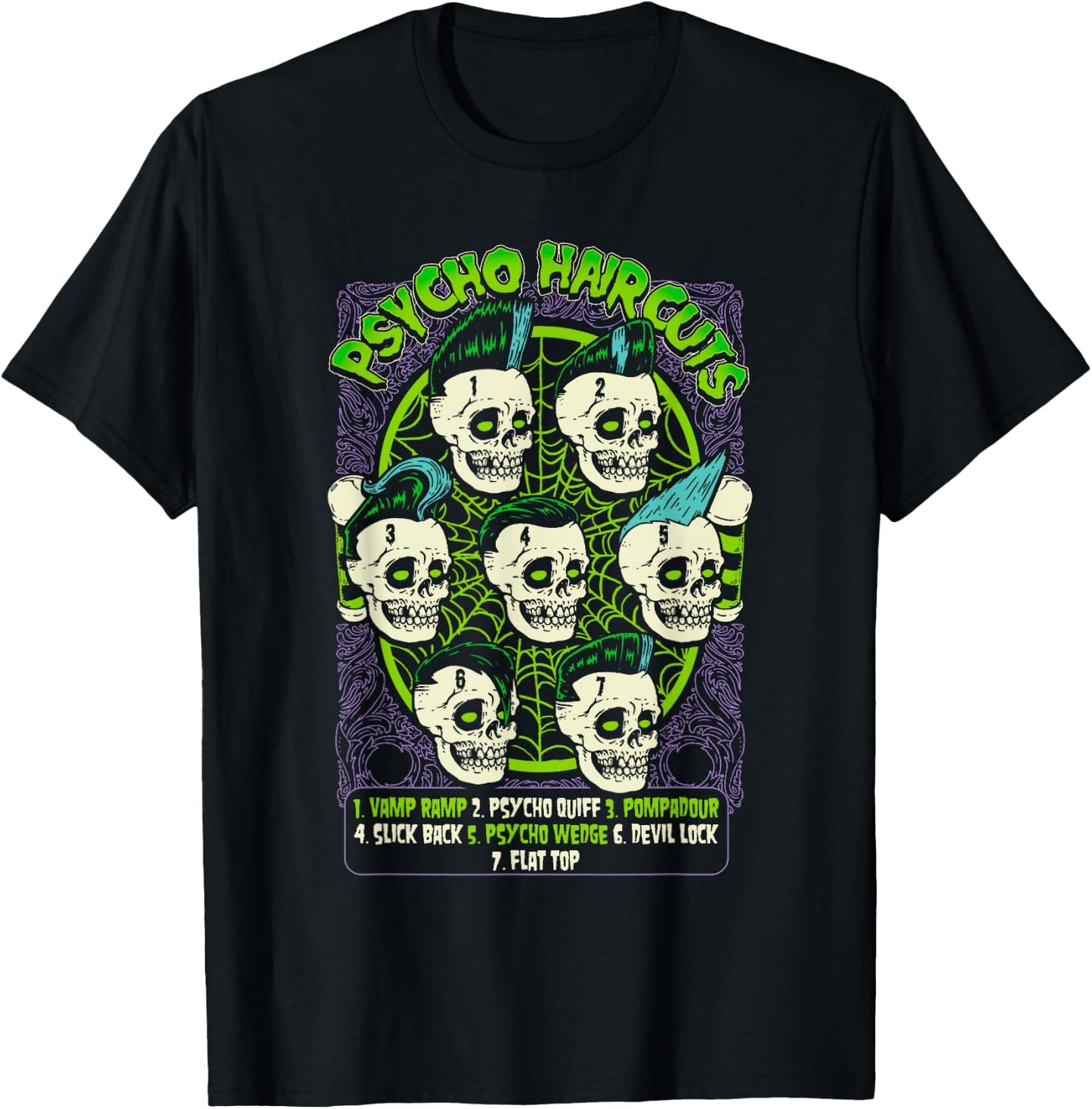 Barbershop Poster Psycho Haircuts Chart Psychobilly T-Shirt - T-Shirt | Black