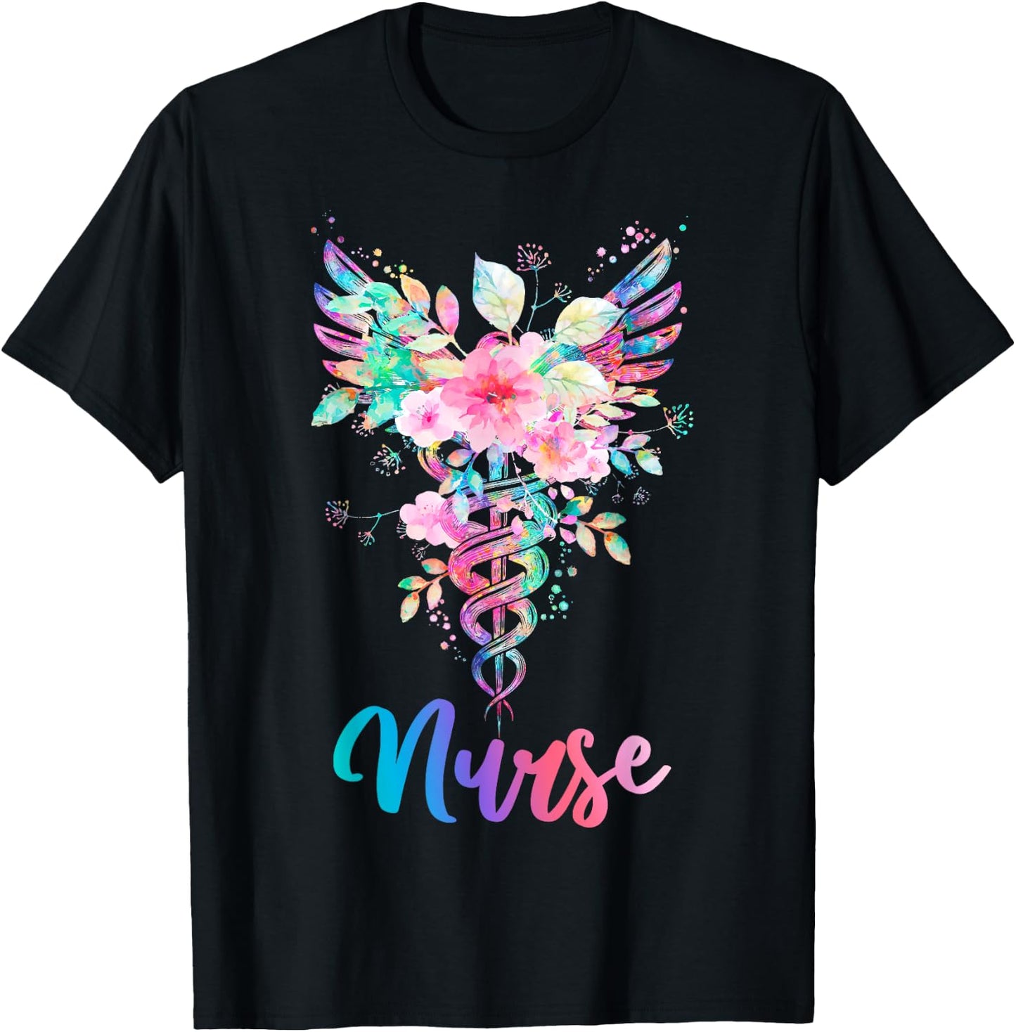 Nurse Watercolor Floral Caduceus T-Shirt - T-Shirt | Black