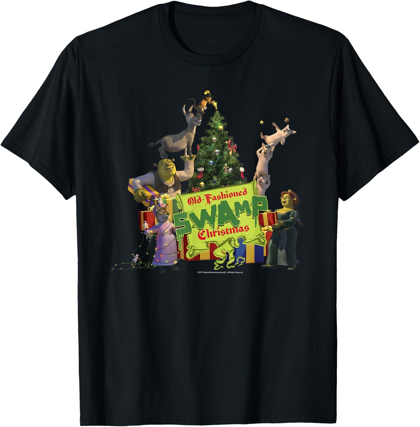 Shrek Group Shot Old-Fashioned Swap Christmas Text Poster T-Shirt - T-Shirt | Black