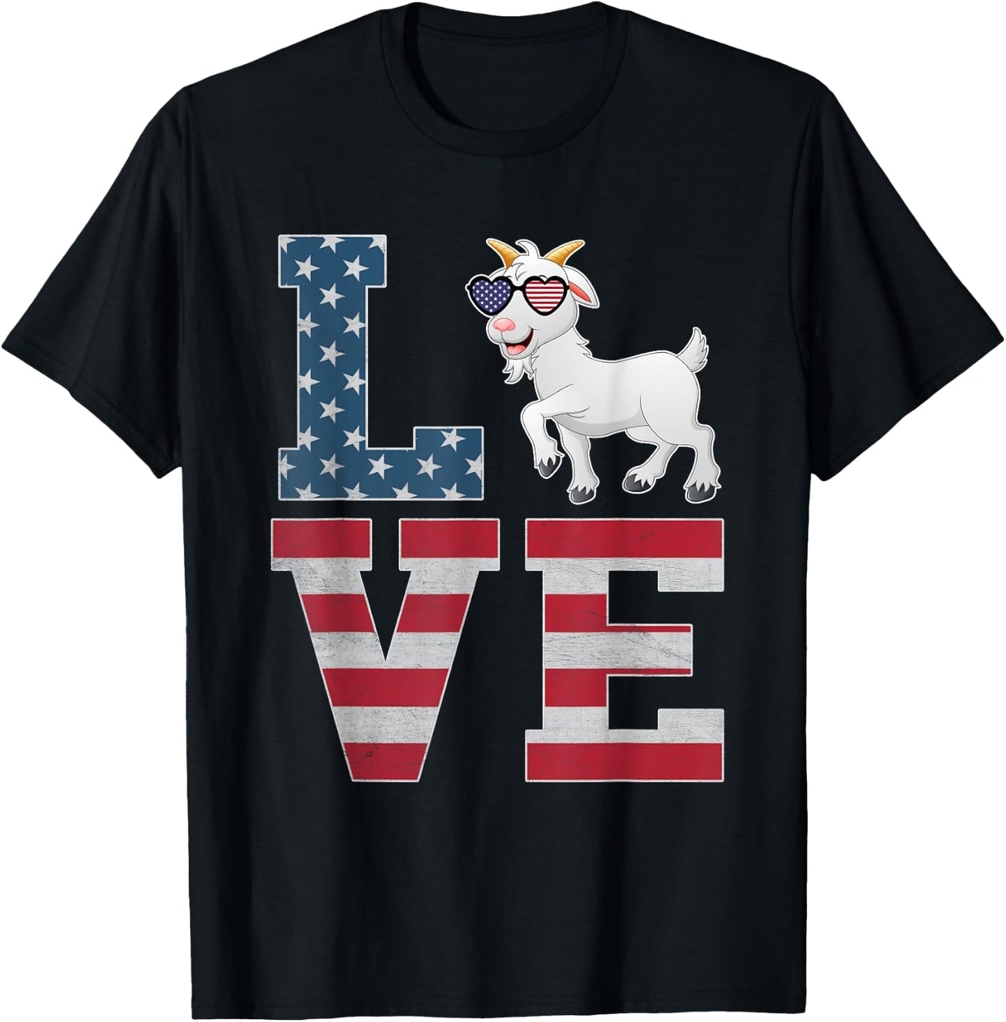 4th of July Decor Patriotic LOVE Goat American Flag T-Shirt - T-Shirt | Black