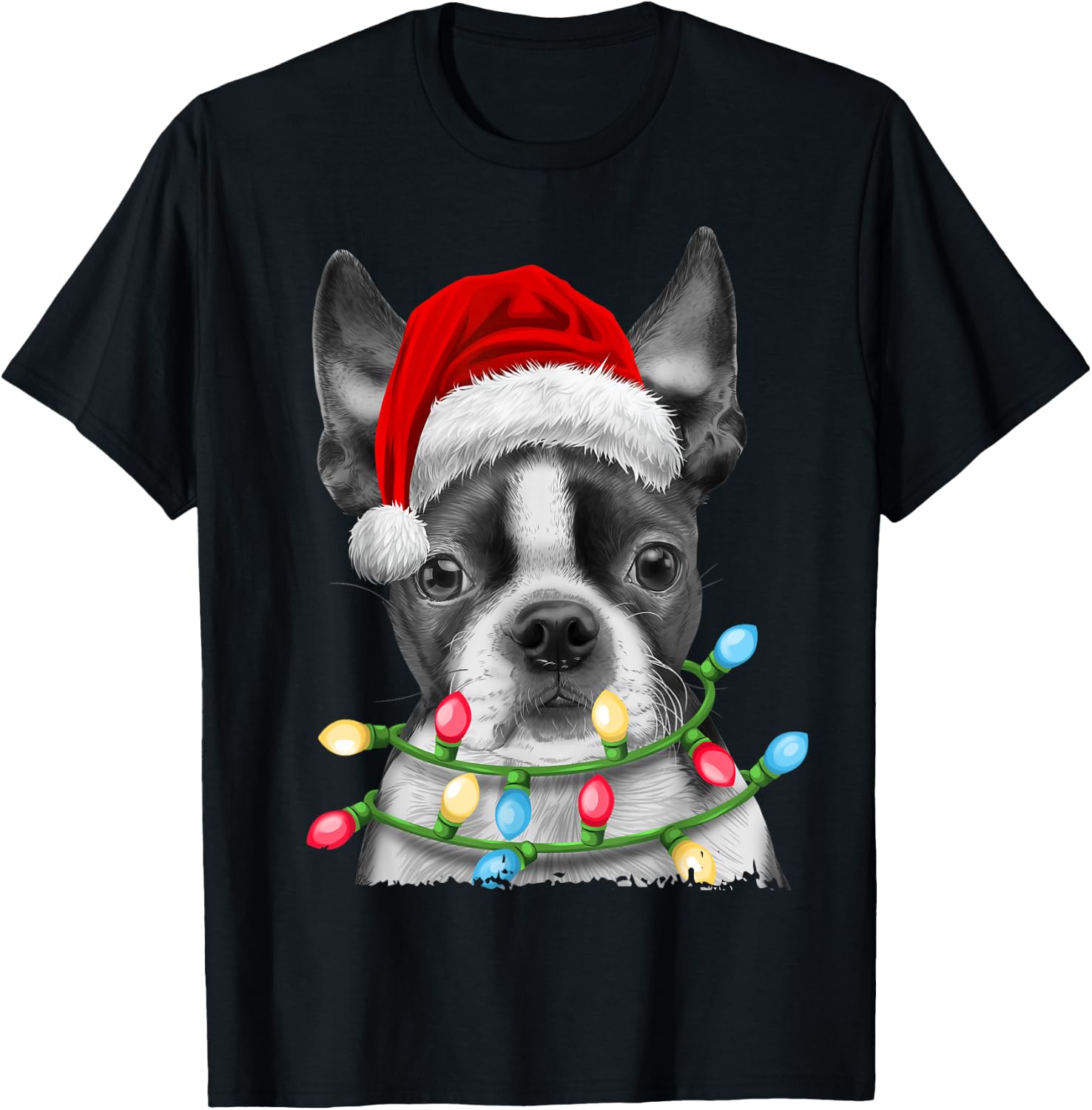 Boston Terrier Santa Christmas Tree Lights Xmas Boys Men Dog T-Shirt - T-Shirt | Black
