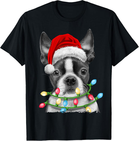 Boston Terrier Santa Christmas Tree Lights Xmas Boys Men Dog T-Shirt - T-Shirt | Black