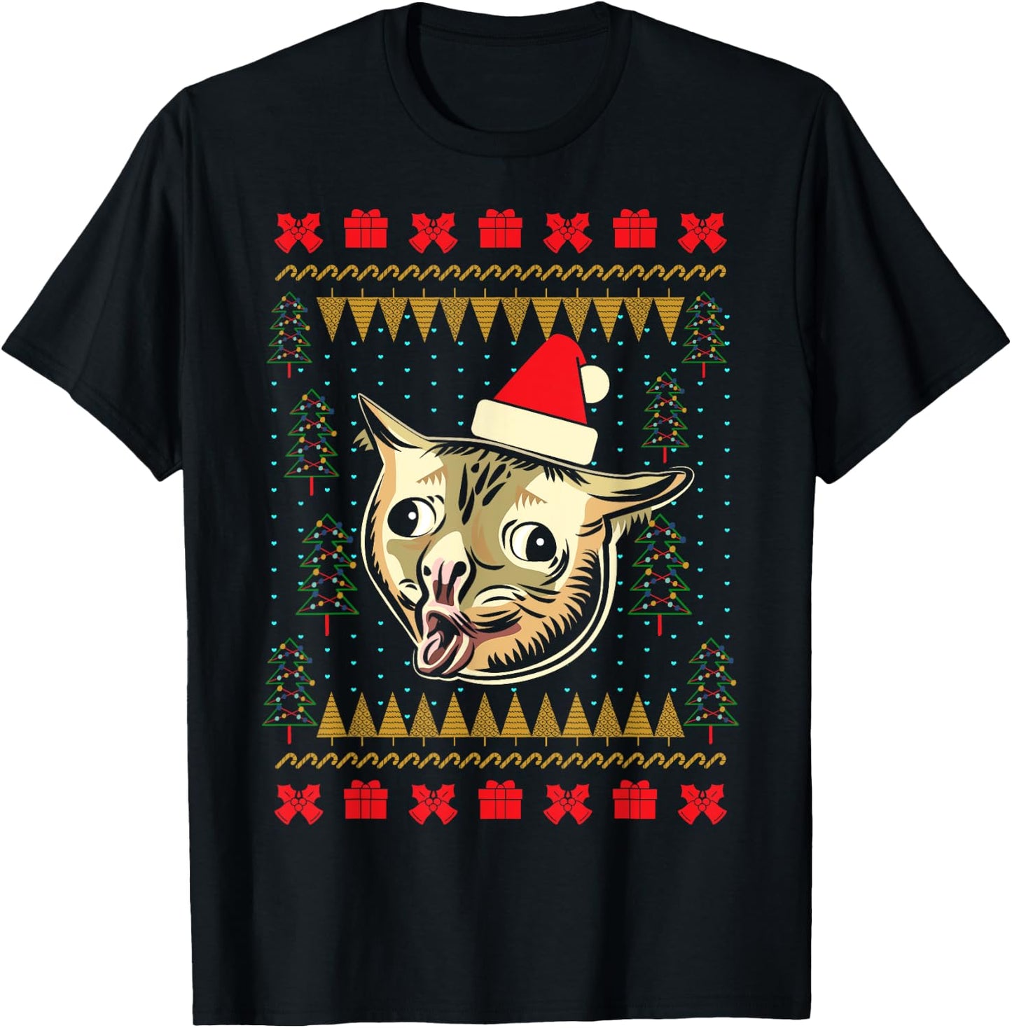 Ugly Christmas Sweater Coughing Cat Meme Men Women Kids T-Shirt - T-Shirt | Black