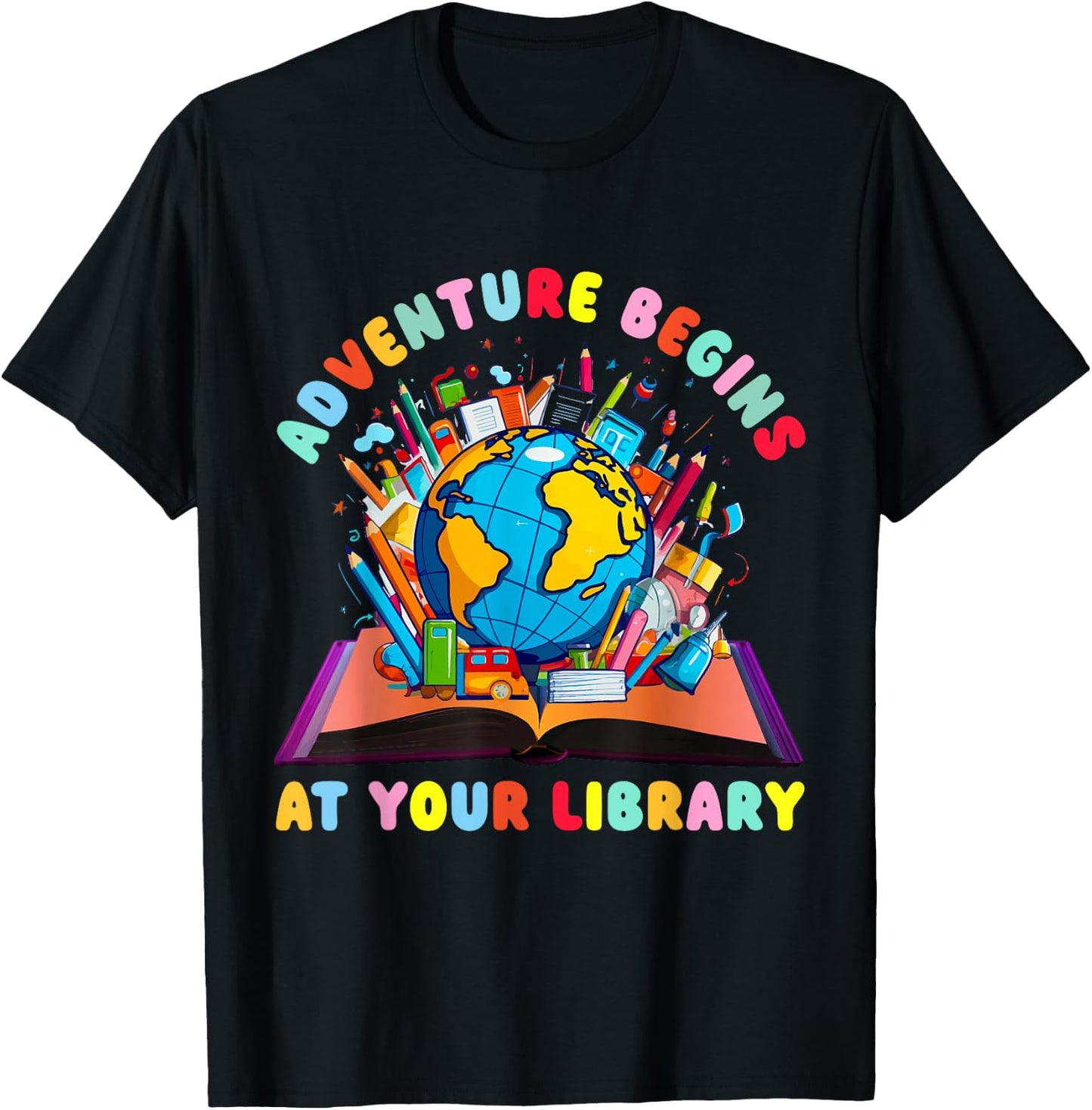 Adventure Begins at your Library Teacher Reading Librarian T-Shirt - T-Shirt | Black