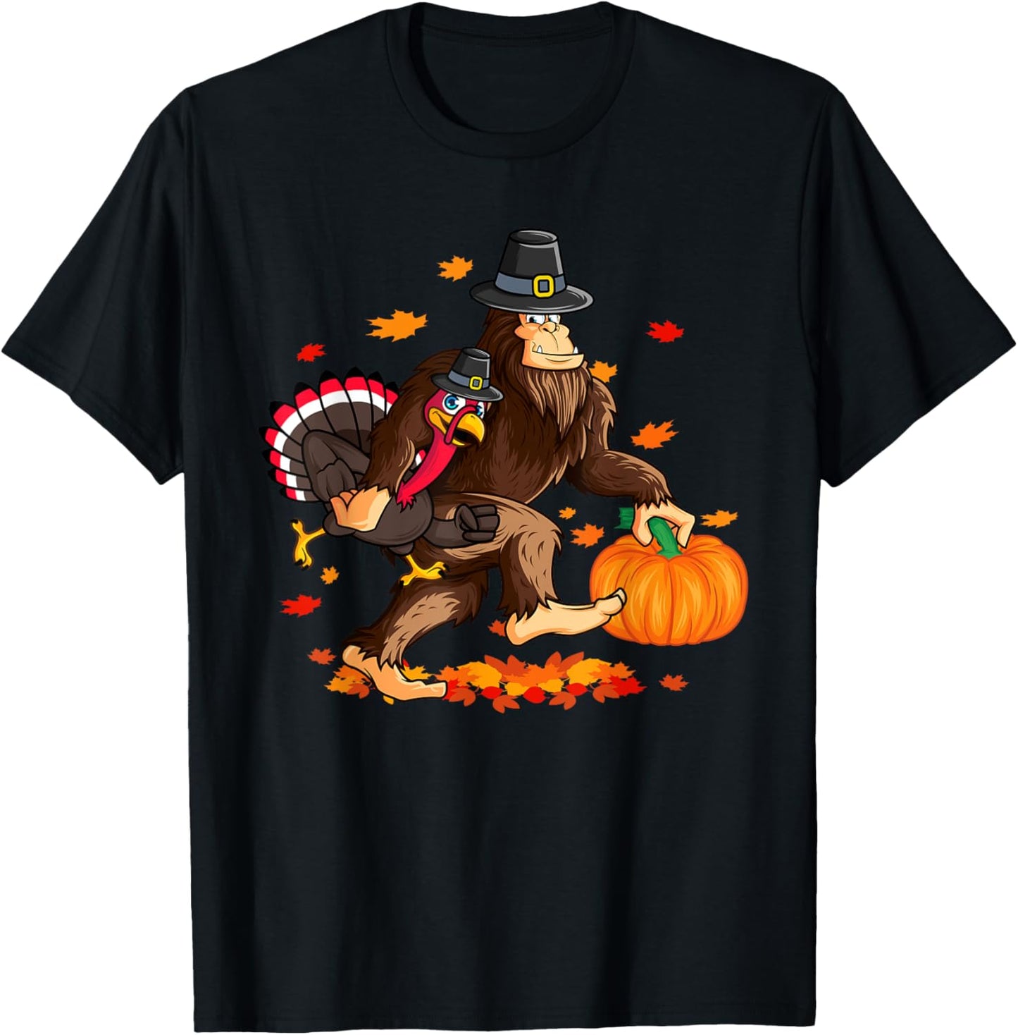 Funny Bigfoot Thanksgiving Pilgrim Turkey Pumpkin For Boys T-Shirt - T-Shirt | Black