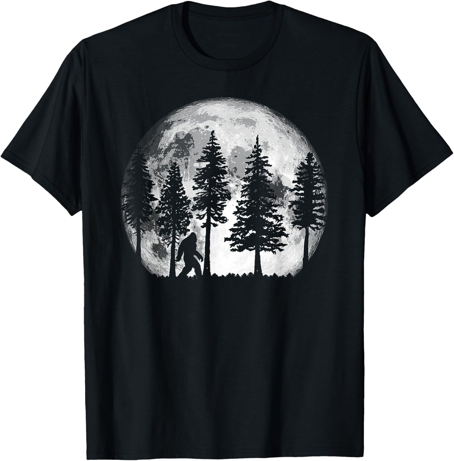 Bigfoot in the Forest Hiding at Night Full Moon Trees Nature T-Shirt - T-Shirt | Black