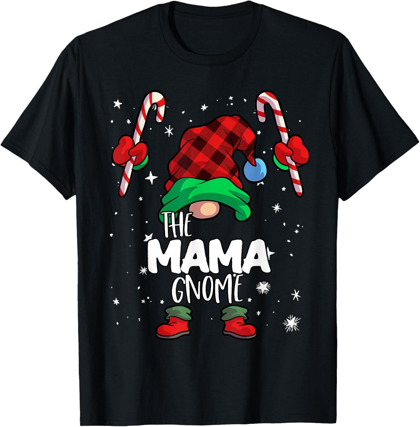 Mama Gnome Red Buffalo Plaid Matching Family Christmas T-Shirt - T-Shirt | Black