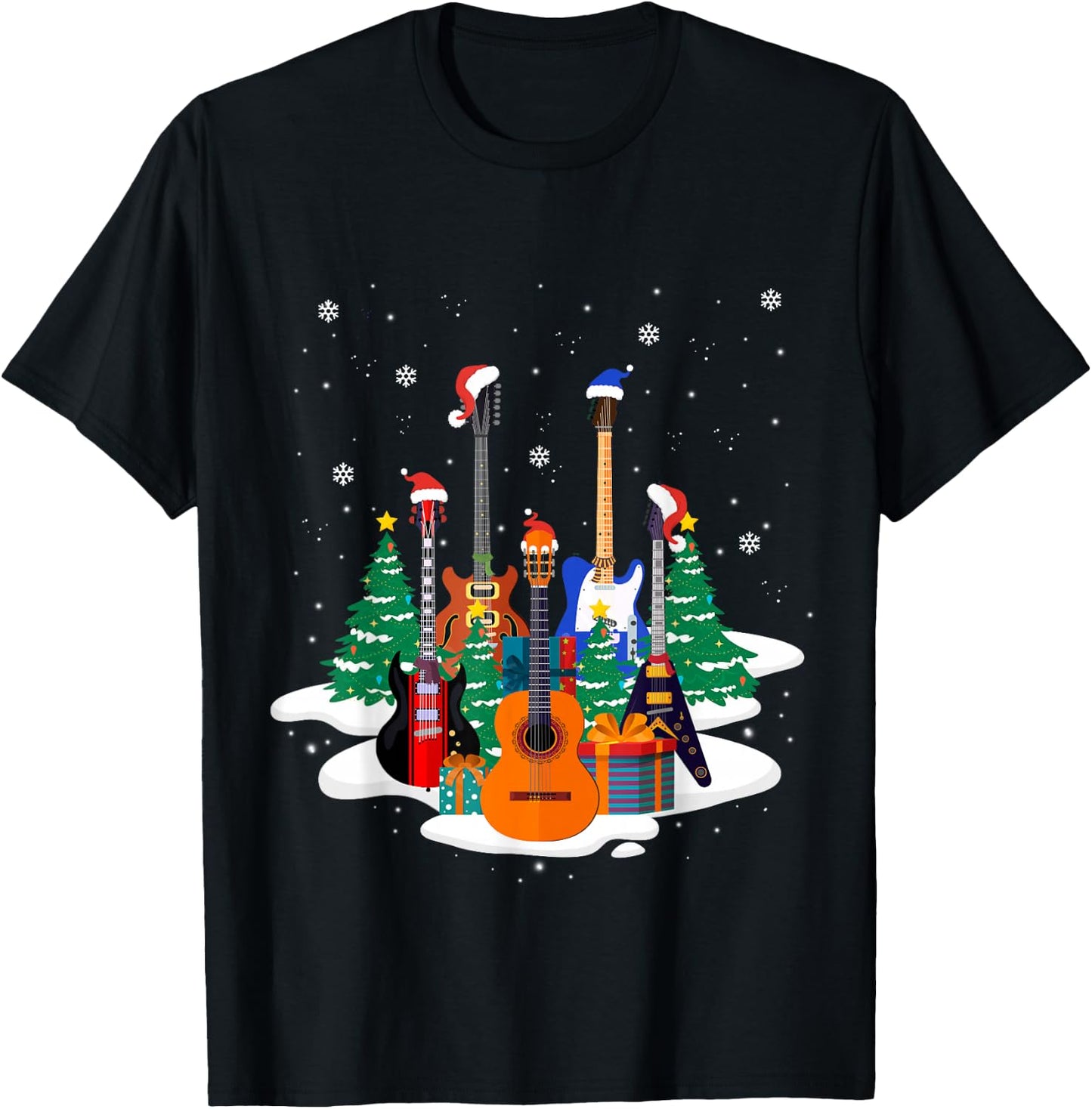 Guitar Santa Hat Christmas Tree Funny Music Loves Xmas Gifts T-Shirt - T-Shirt | Black