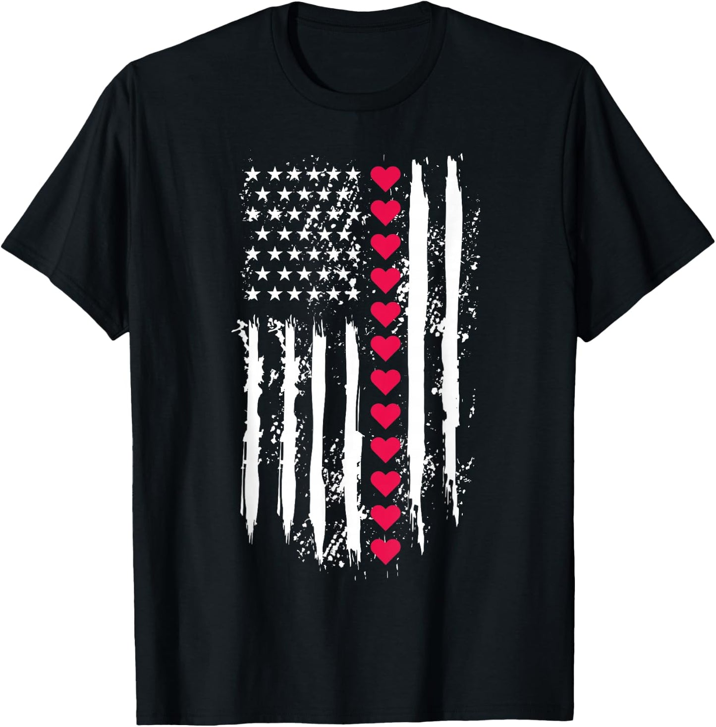 Valentines Day Red Hearts US American Flag Patriotic Lover T-Shirt - T-Shirt | Black