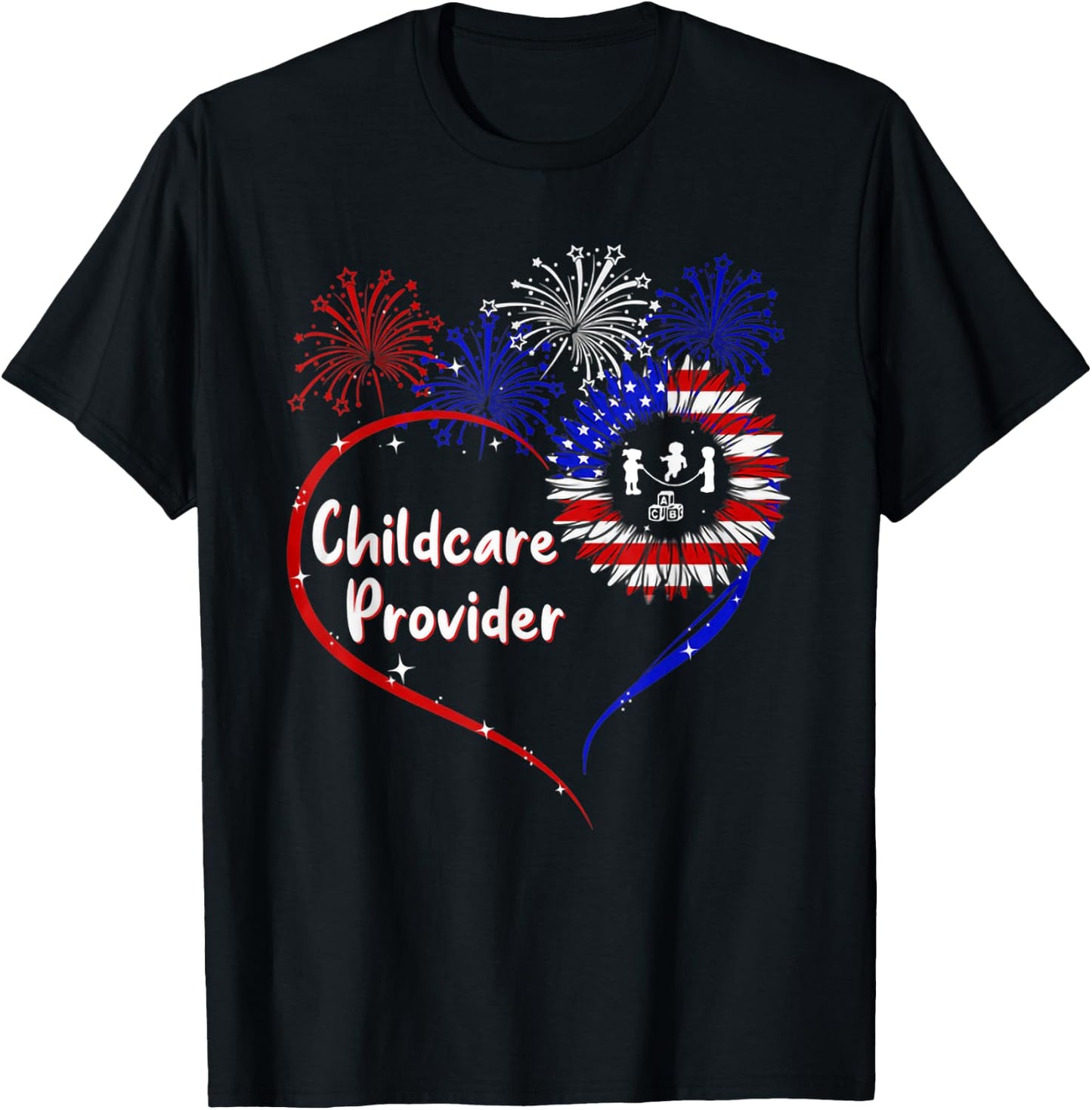 childcare provider american flag heart 4th of July T-Shirt - T-Shirt | Black