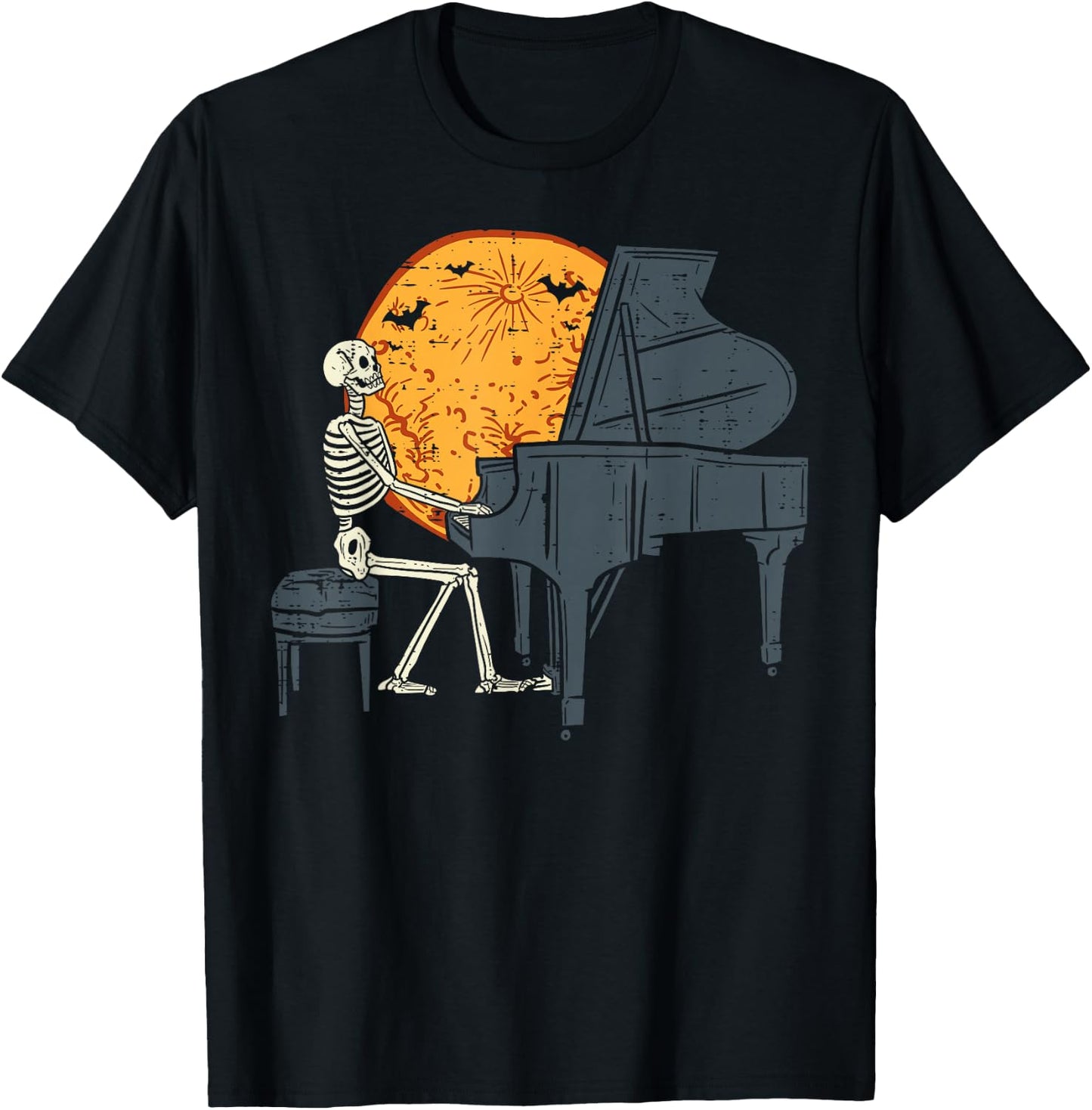 Skeleton Playing Piano Moon Halloween Music Boys Men T-Shirt - T-Shirt | Black