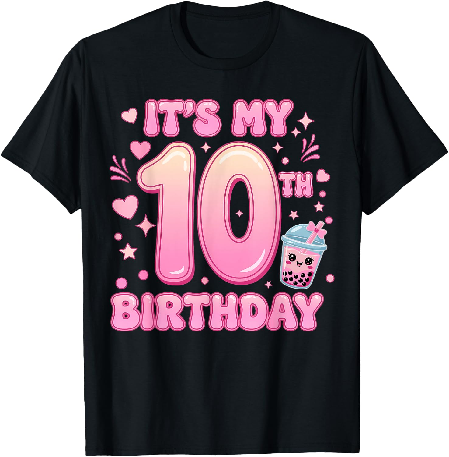 It's My 10th Birthday Girl Bow Milk Tea Bubble Boba Party T-Shirt - T-Shirt | Black
