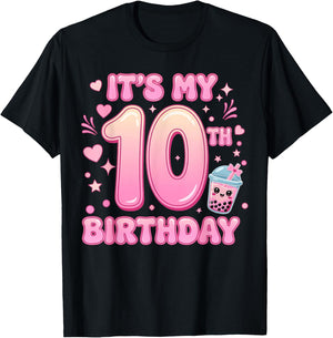It's My 10th Birthday Girl Bow Milk Tea Bubble Boba Party T-Shirt - T-Shirt | Black