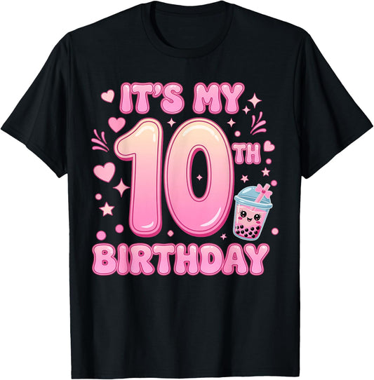 It's My 10th Birthday Girl Bow Milk Tea Bubble Boba Party T-Shirt - T-Shirt | Black