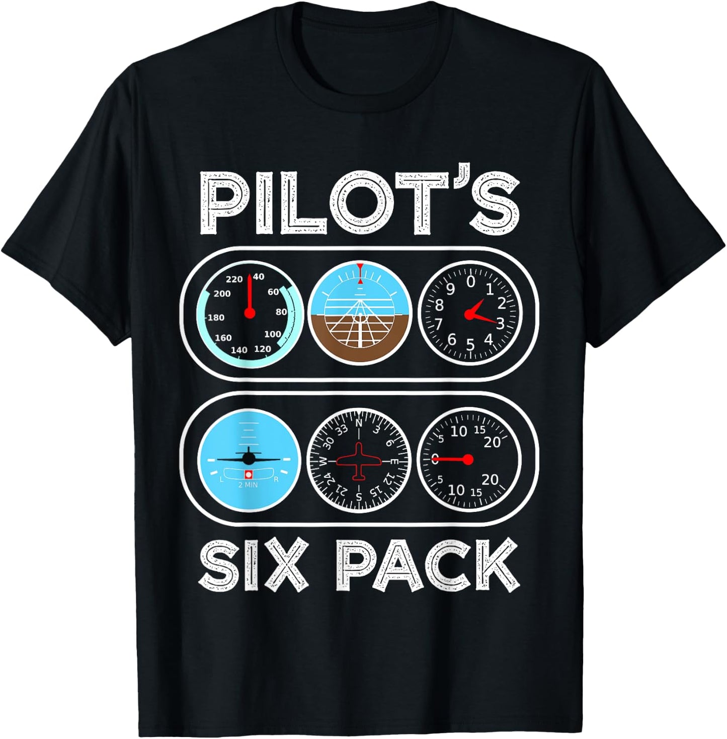 Pilot Flight Airplane Shirts 360 | Six Pack | Flight Instruments Aviation Shirt T-Shirt - T-Shirt | Black