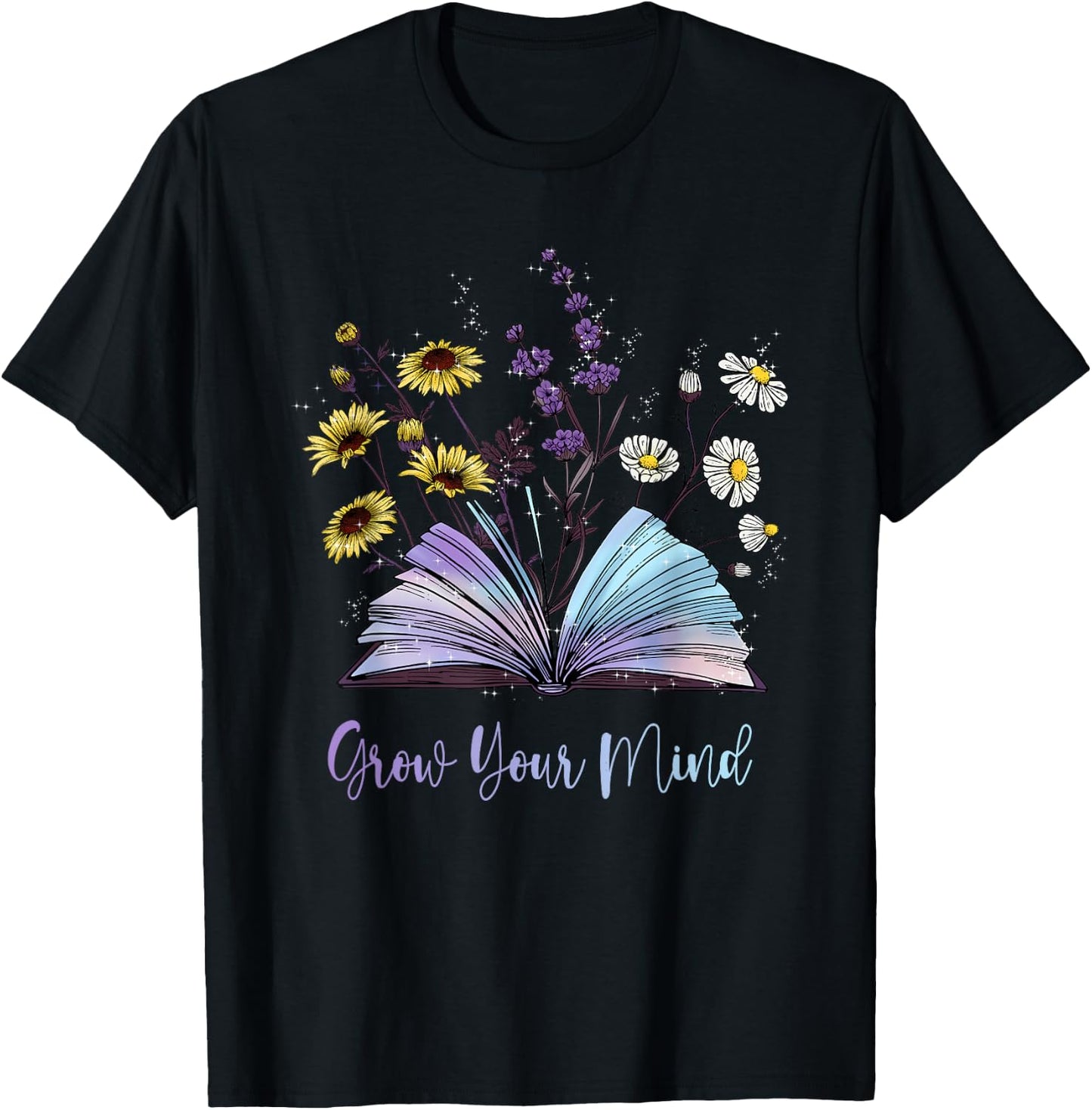 Grow Your Mind Wildflower Book Floral Motivation T-Shirt - T-Shirt | Black