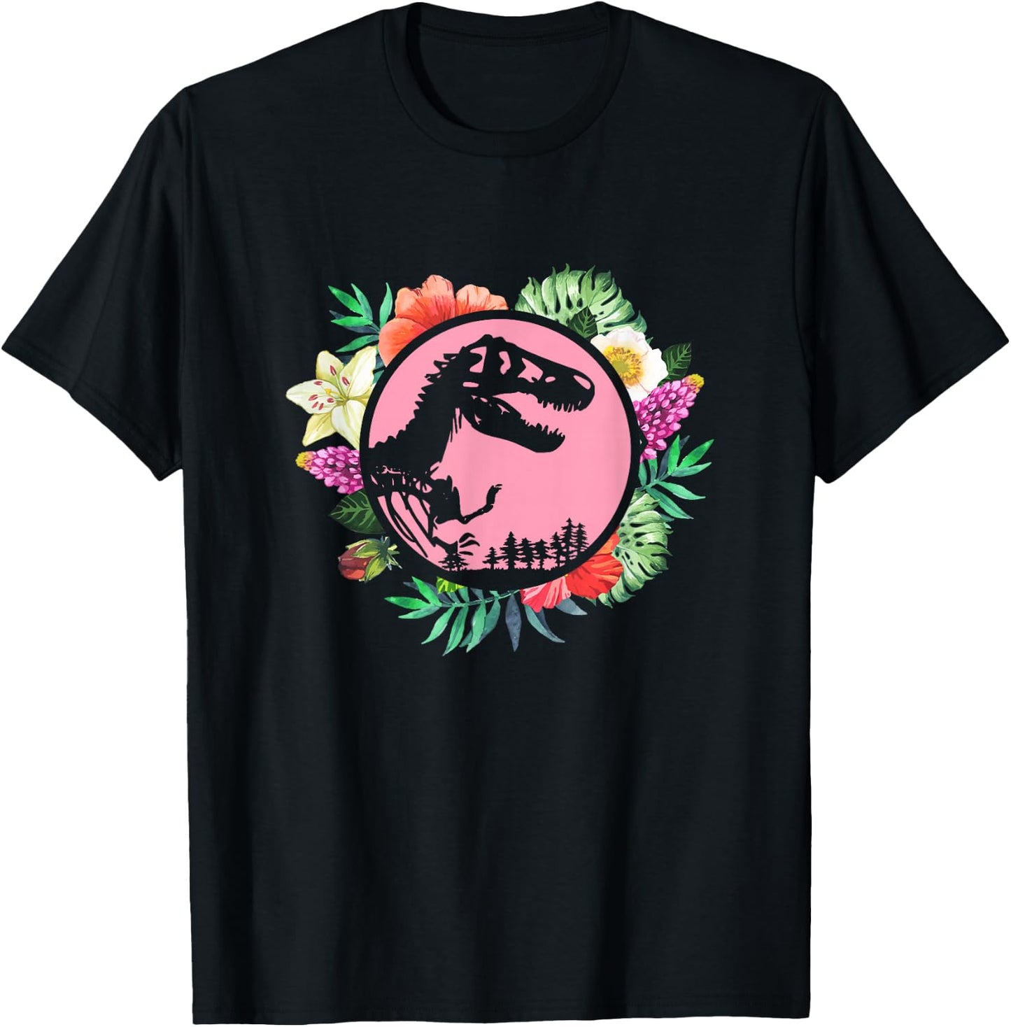 Floral Tropical Hawaiian Pattern T Rex Dinosaur T-Shirt - T-Shirt | Black