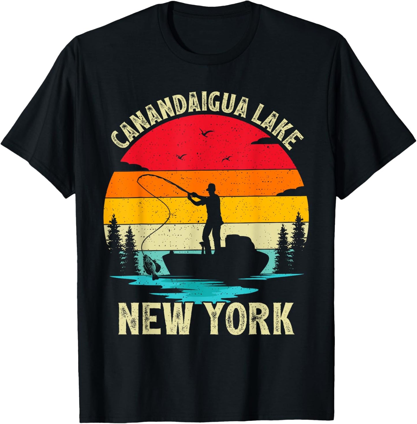 Summer Vacation Fishing Vintage New York Canandaigua Lake T-Shirt - T-Shirt | Black