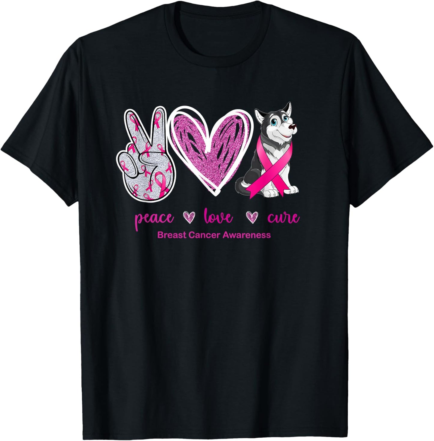 Peace Love Cure Husky Dog Breast Cancer Awareness Women T-Shirt - T-Shirt | Black