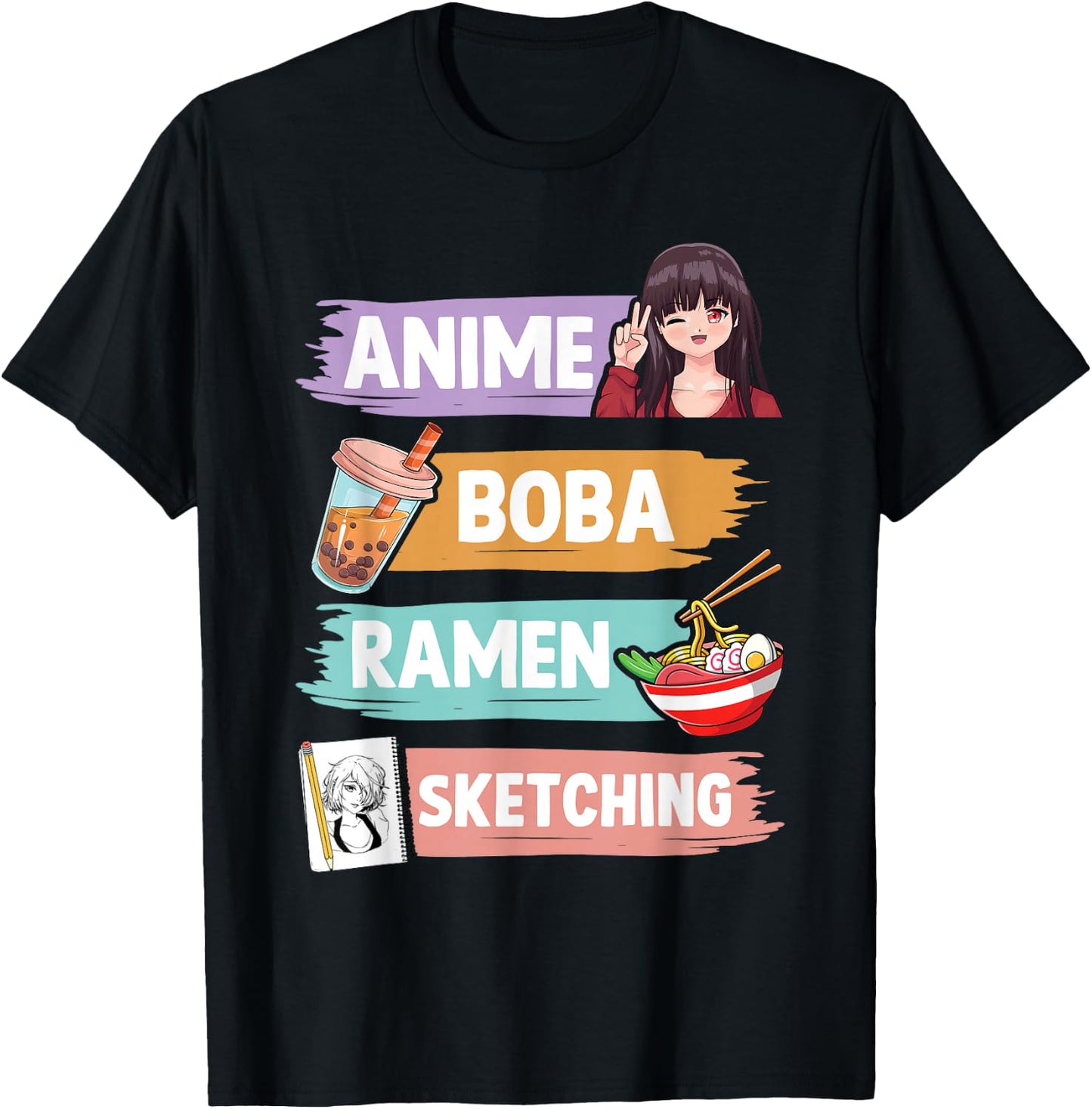 Anime Boba Ramen Sketching Otaku Kawaii Anime Girl Women T-Shirt - T-Shirt | Black
