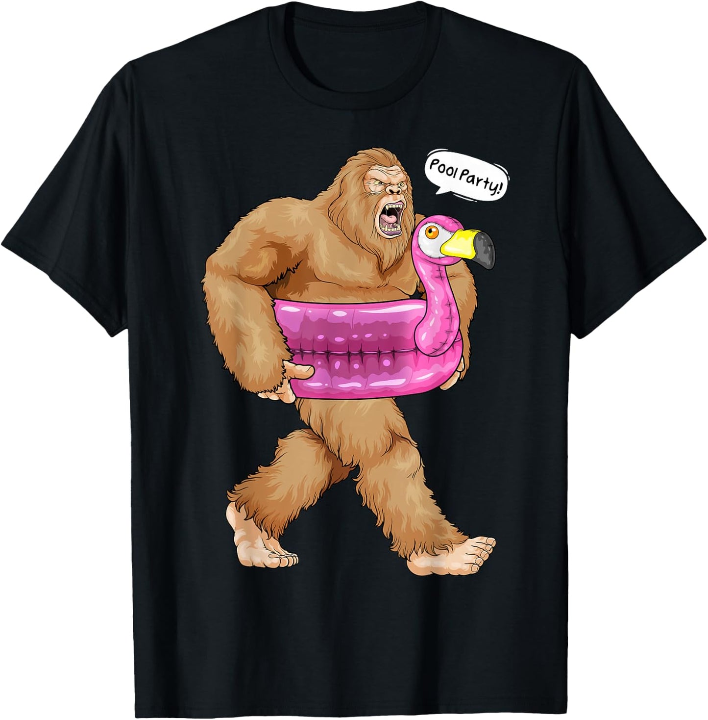 Pool Party Bigfoot Flamingo Float Funny Sasquatch Pink Float T-Shirt - T-Shirt | Black