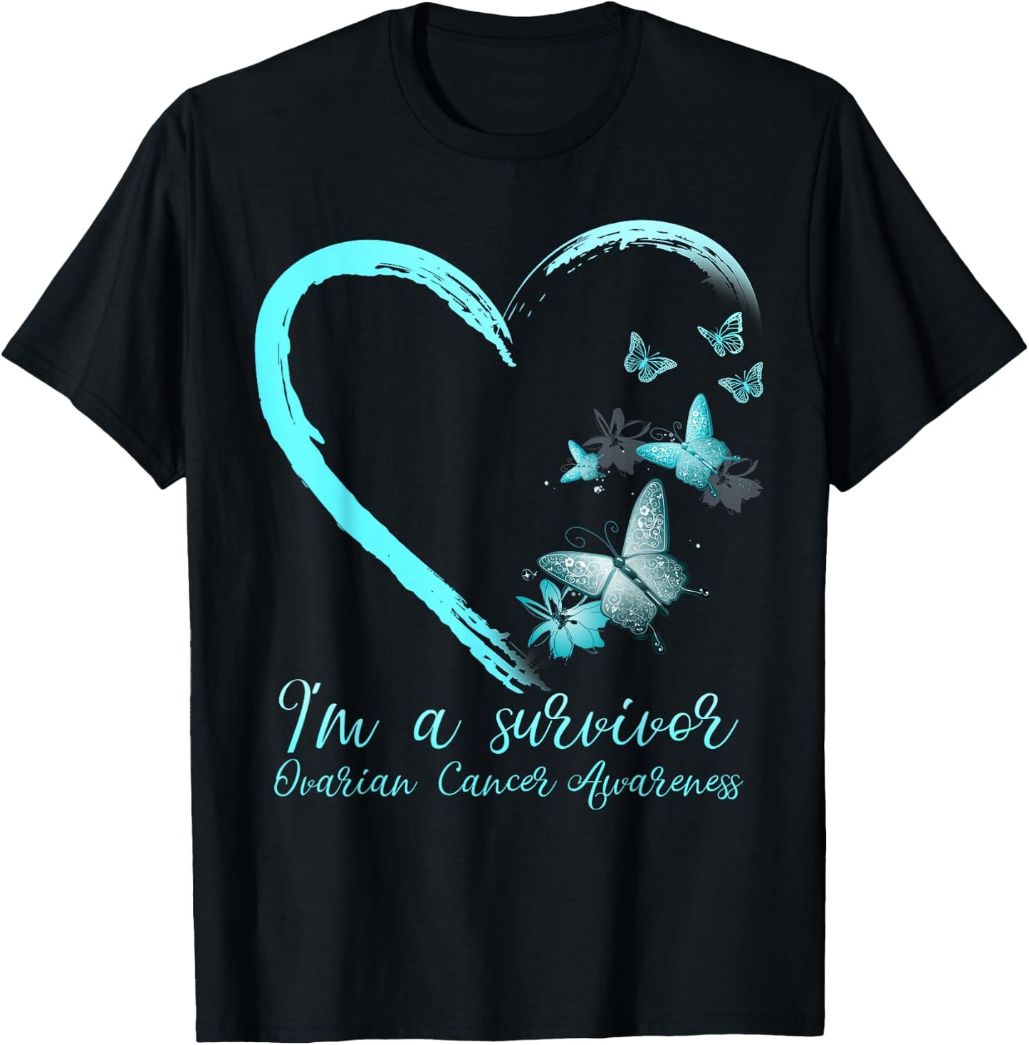 Teal Butterfly Heart Survivor Ovarian Cancer Awareness T-Shirt - T-Shirt | Black