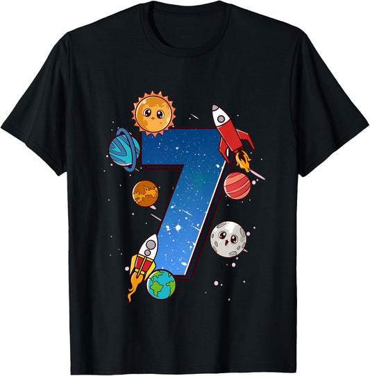 Kids Boys 7th Birthday Party Outfit 7 Years Old Space Planets T-Shirt - T-Shirt | Black