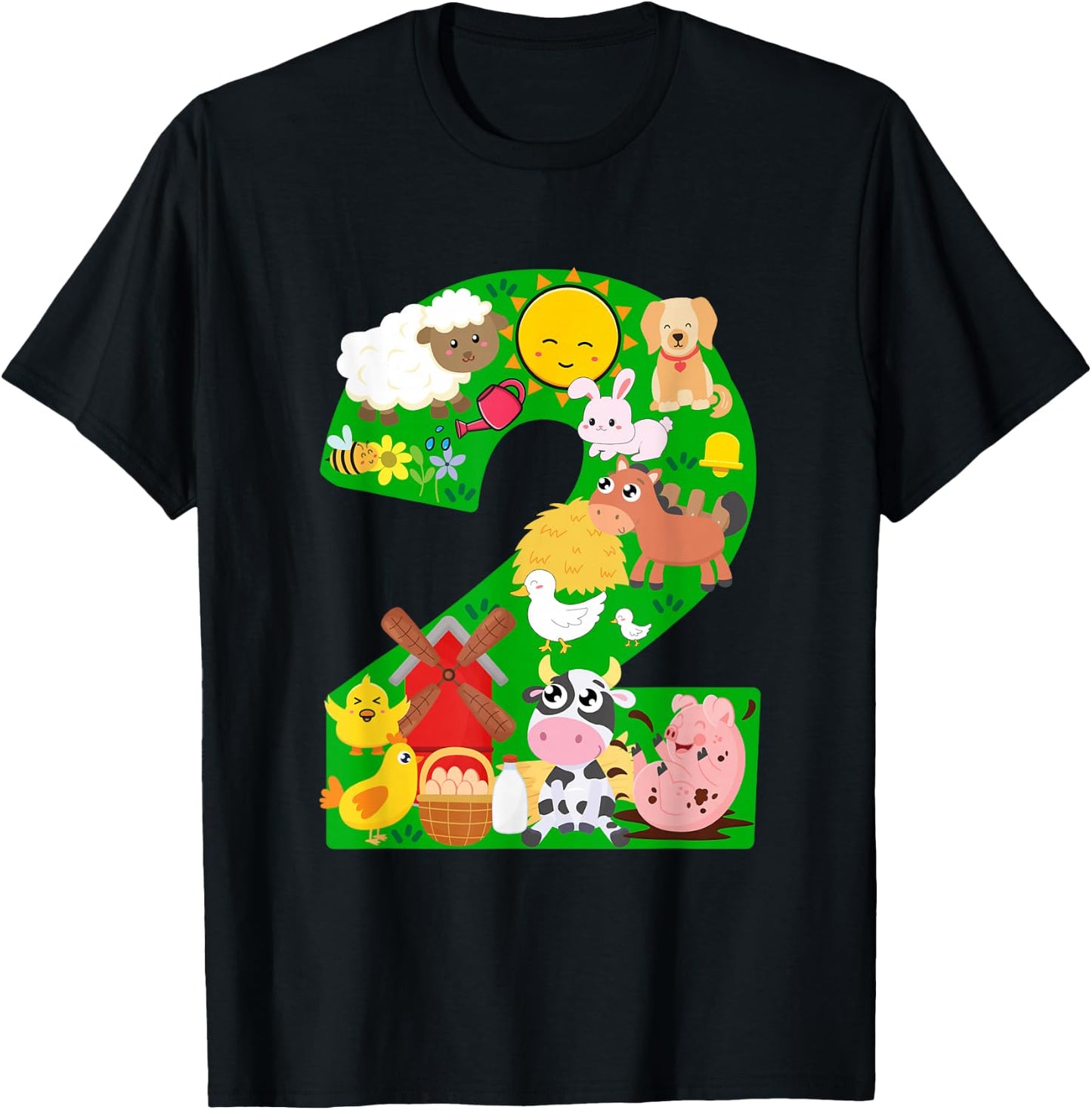 Farm Animals 2 Two Year Old Kids 2nd Birthday Party Farmer T-Shirt - T-Shirt | Black