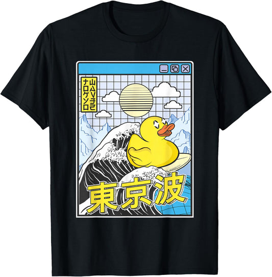Rubber Duck Surfing Kanagawa Wave Kawaii Vaporwave Duck T-Shirt - T-Shirt | Black