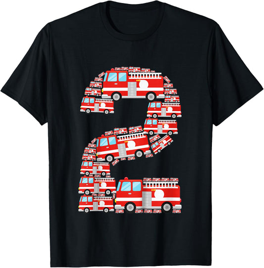 Fire Truck 2nd Birthday Boy 2 Year Old Toddler Firefighter T-Shirt - T-Shirt | Black