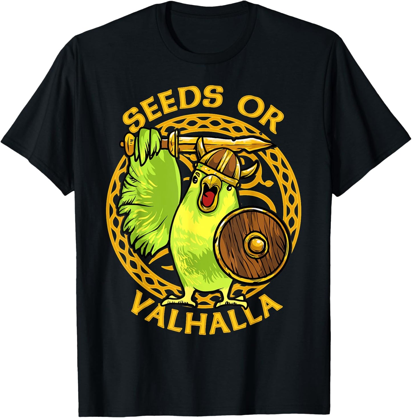 Seeds or Valhalla Viking Budgie Bird Meme Hilarious T-Shirt - T-Shirt | Black