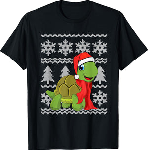 Turtle Santa Hat Scarf Ugly Christmas Sweater Holiday Gift T-Shirt - T-Shirt | Black