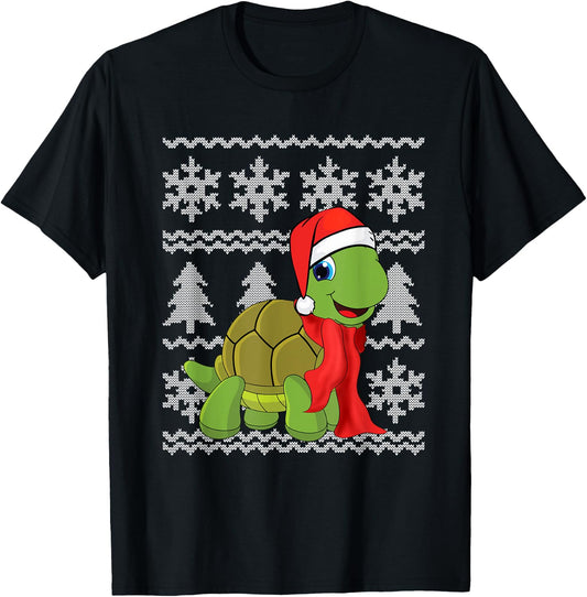 Turtle Santa Hat Scarf Ugly Christmas Sweater Holiday Gift T-Shirt - T-Shirt | Black