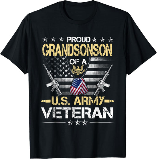 Proud Grandson Of A U.S. Army Veteran Flag , Veterans Day T-Shirt - T-Shirt | Black