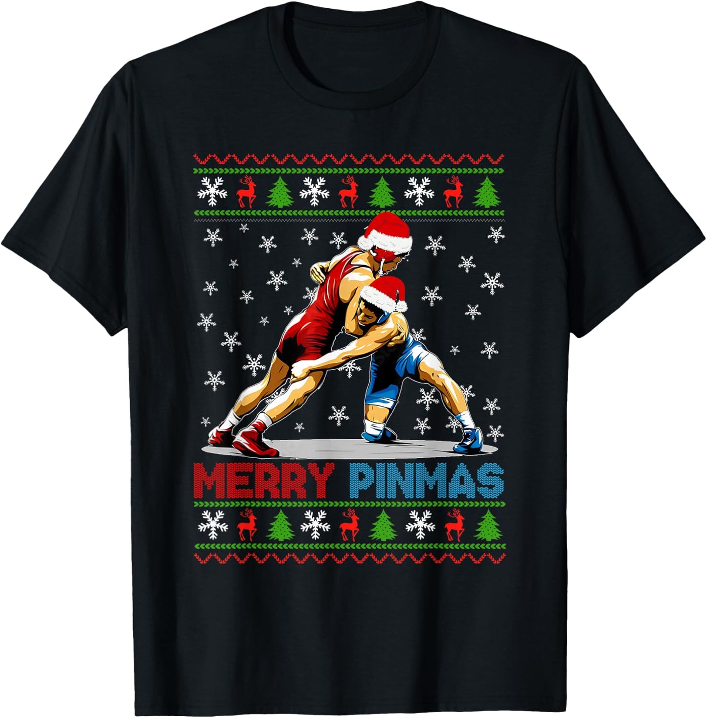 Merry Pinmas Ugly Christmas Santa Claus Wrestling Boys Men T-Shirt - T-Shirt | Black