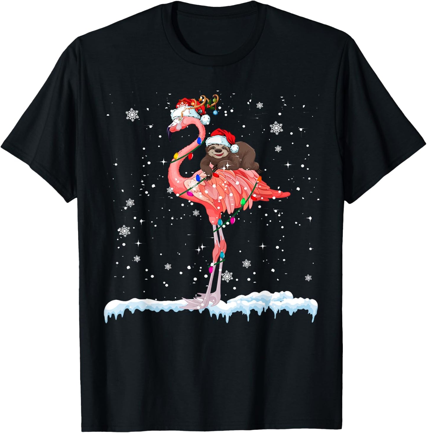 Santa Sloth Ridding Flamingo Reindeer Xmas Sloth Flamingo T-Shirt - T-Shirt | Black