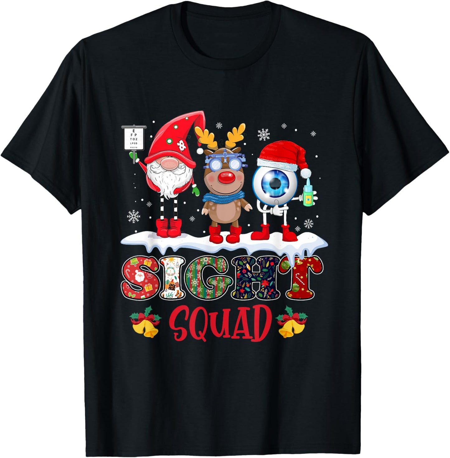 Funny Sight Squad Gnome Reindeer Santa Christmas Optometrist T-Shirt - T-Shirt | Black