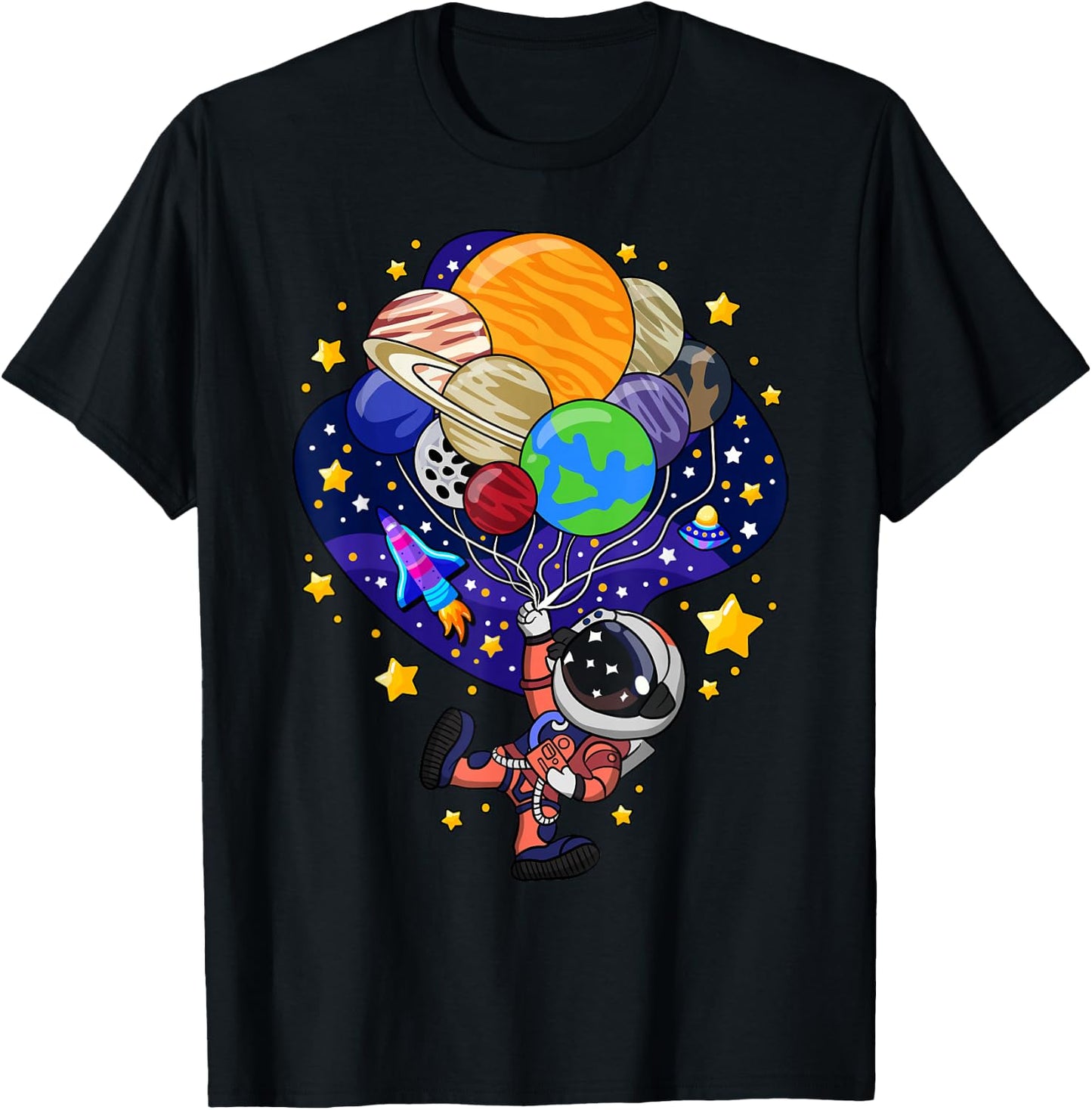 Space Astronaut Spaceman Earth Mars Planet Balloons T-Shirt - T-Shirt | Black