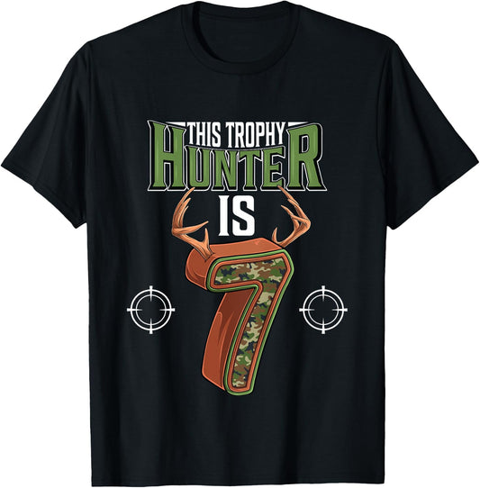 7 Year Old Hunting 7th Birthday Party Deer Hunter T-Shirt - T-Shirt | Black