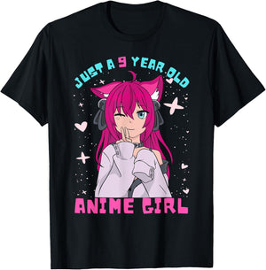 Anime Girl 9 Year Old Birthday Girl Kawaii 9th Birthday T-Shirt - T-Shirt | Black