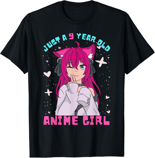 Anime Girl 9 Year Old Birthday Girl Kawaii 9th Birthday T-Shirt - T-Shirt | Black