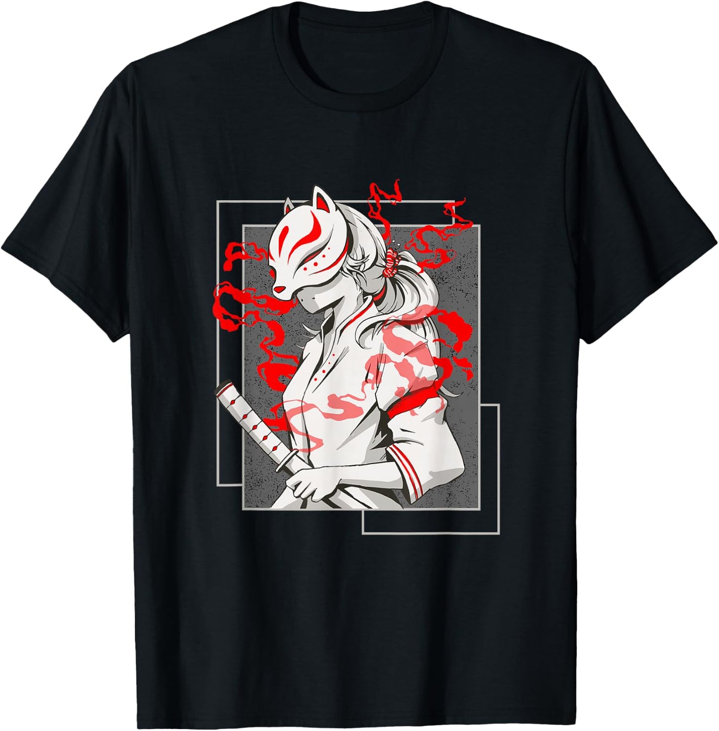 Japanese Fox Mask Aesthetic Kitsune Inari Anime Oni Monster T-Shirt - T-Shirt | Black