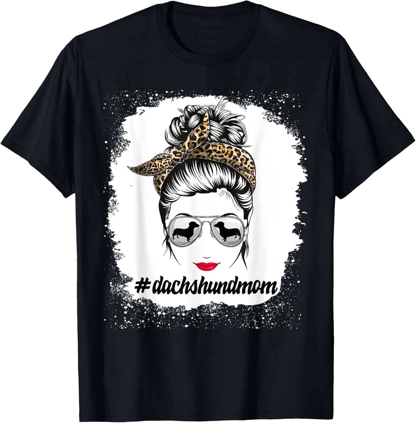 Dachshund Dog Mom Bleached Messy Bun Leopard Women Pet Lover T-Shirt - T-Shirt | Black