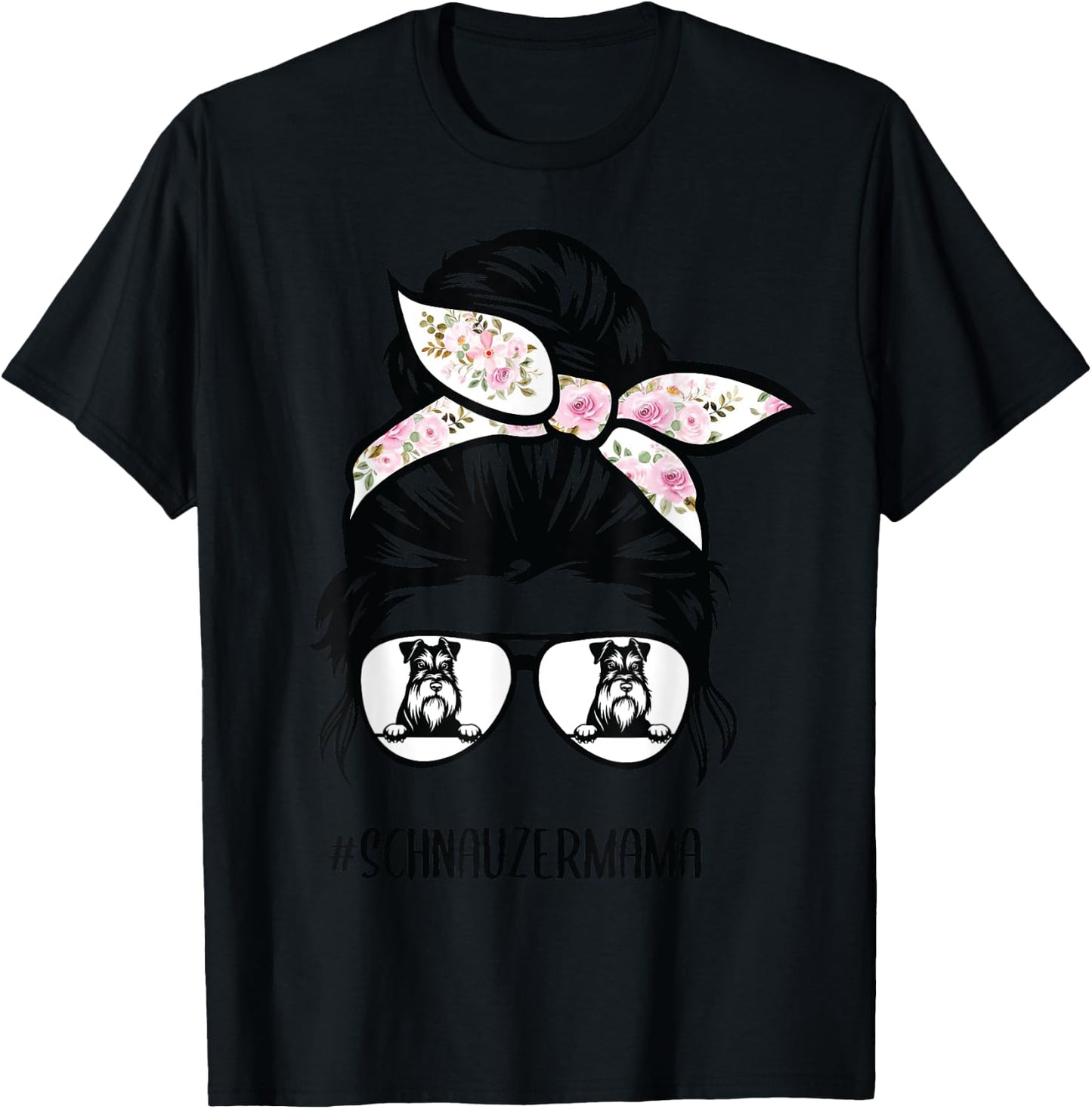 Miniature Schnauzer mom messy bun hair glasses T-Shirt - T-Shirt | Black