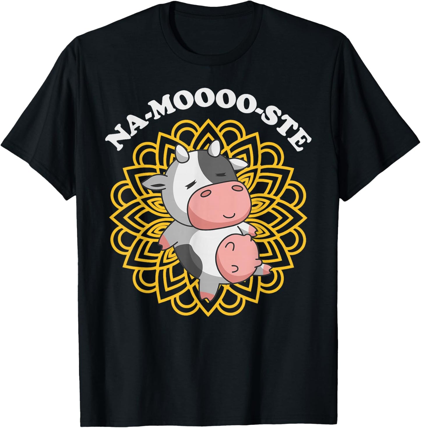Namaste Cute Cow Pun | Na-moooo-ste Yoga Meditating Cow T-Shirt - T-Shirt | Black