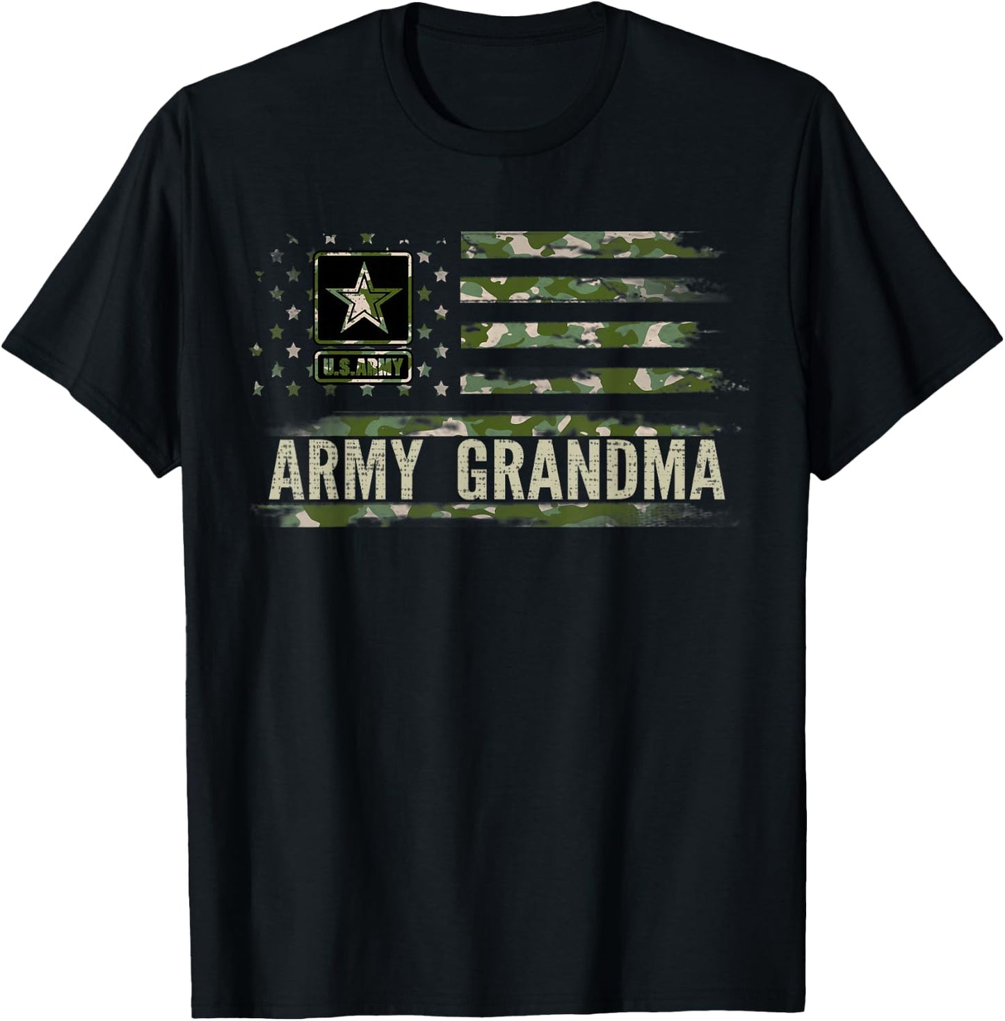 Vintage Army Grandma With Camo American Flag Veteran Gift T-Shirt - T-Shirt | Black