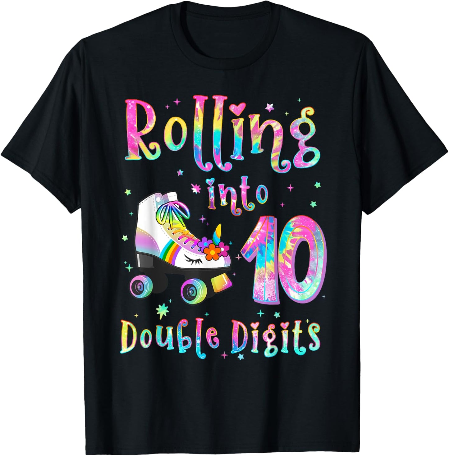 10 Years Old Birthday Girl Rolling Into 10th Double Digits T-Shirt - T-Shirt | Black
