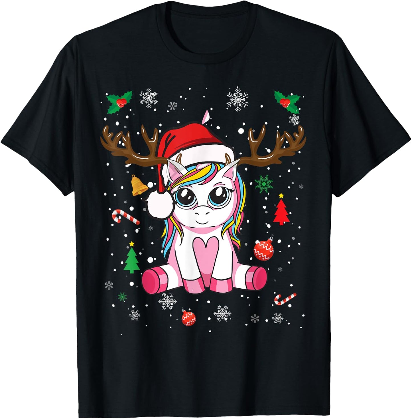 Cute Christmas Shirt Girls Women Xmas Unicorn Deer Christmas T-Shirt - T-Shirt | Black