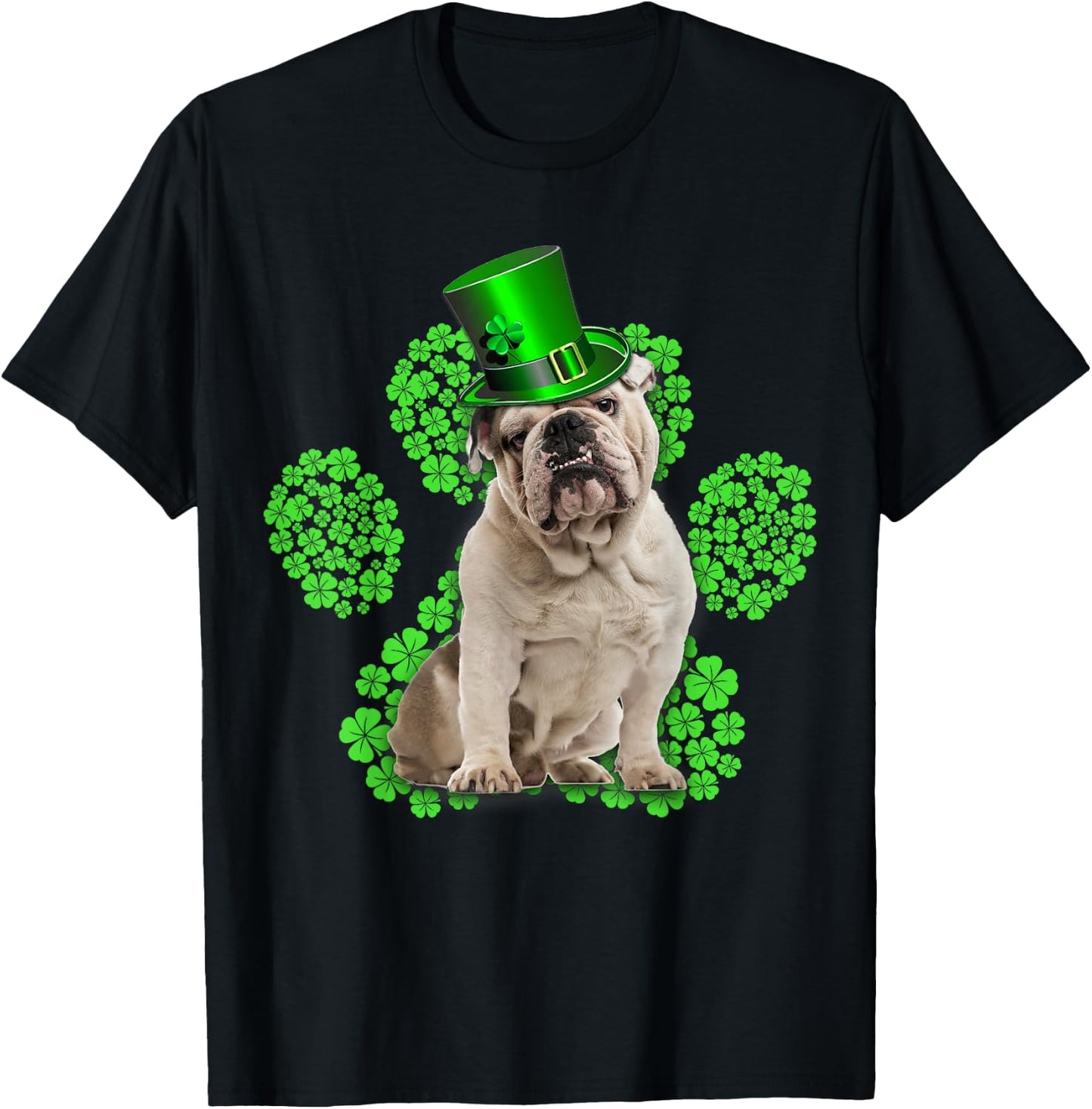 English Bulldog Shamrock Paw Clovers St Patrick's Day T-Shirt - T-Shirt | Black