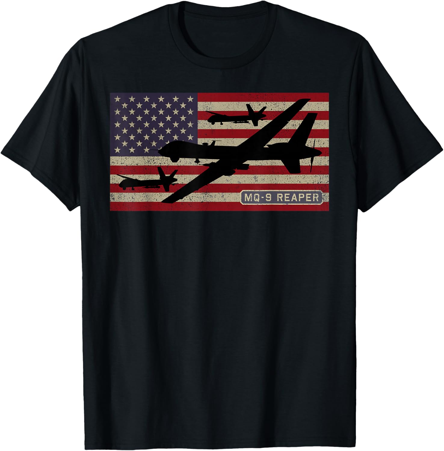 MQ-9 Reaper UAV Drone American Flag T-Shirt - T-Shirt | Black